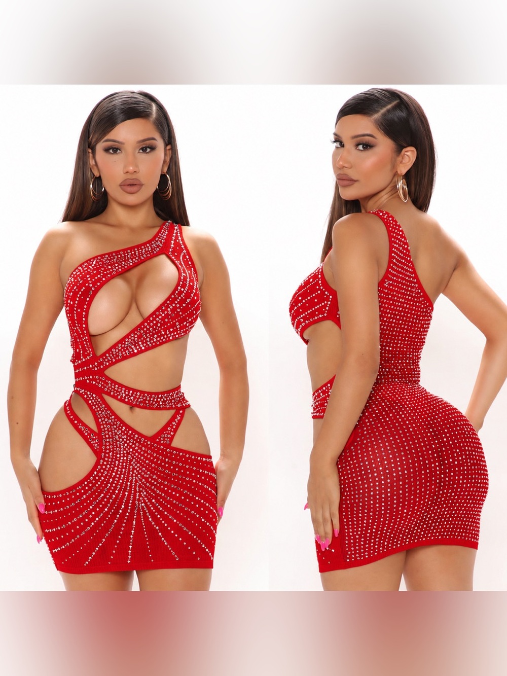 Fashion Nova | Red Rhinestone Mesh Cutout Mini Dress & Thong Set | NWOT | M
